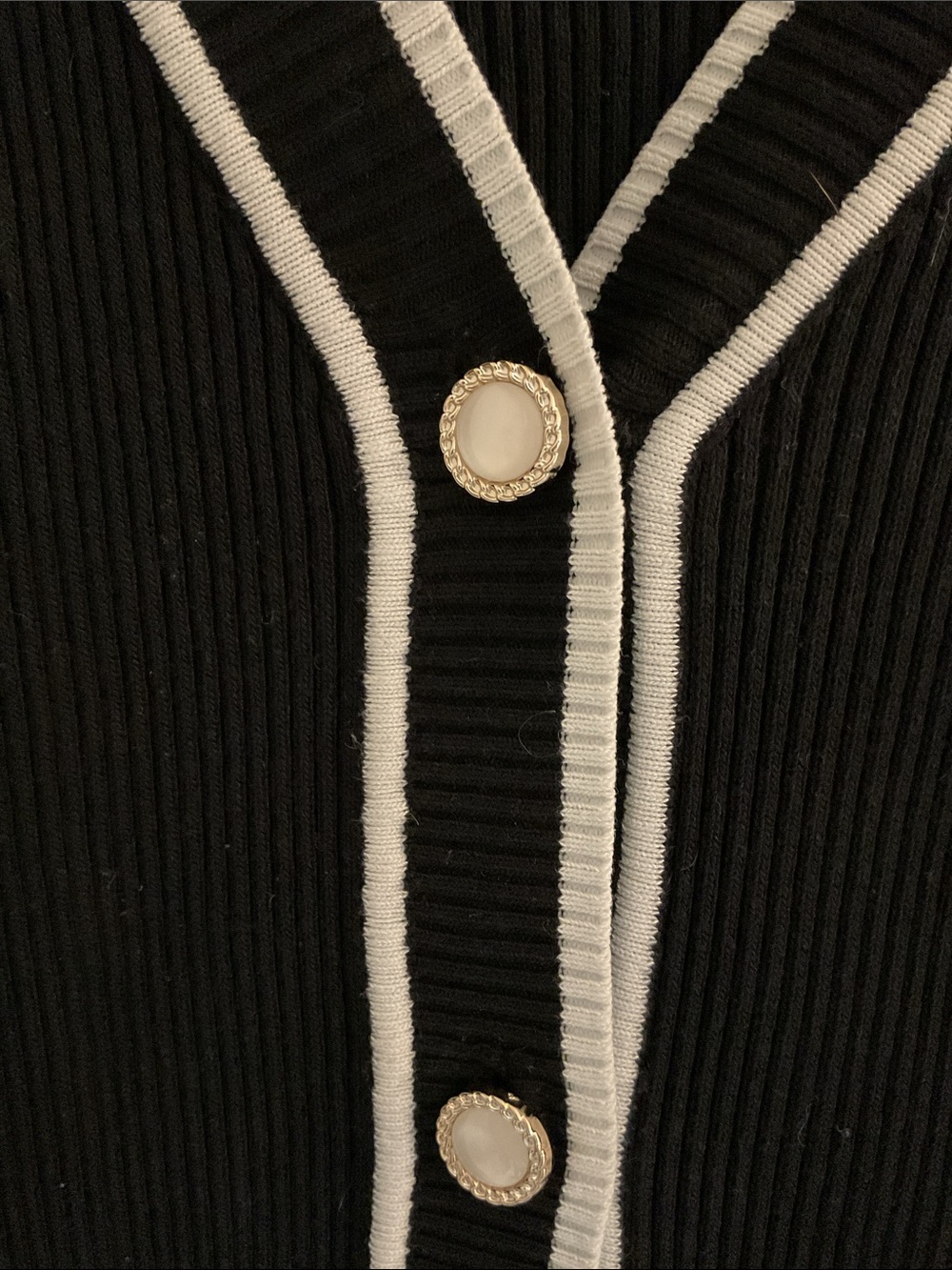Tenney Rose Ribbed Cardigan White Tipped Faux Pearl Buttons, Size S, Black - Picture 3 of 8